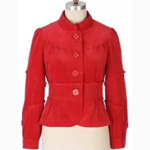 Red Corduroy Ruffle Elevenses Jacket -10-